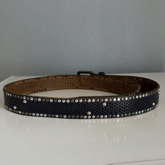 Amsterdam Heritage Navy Blue Metal Studded Italian Leather Belt Sz 95 (34”-39”) - Picture 4 of 8